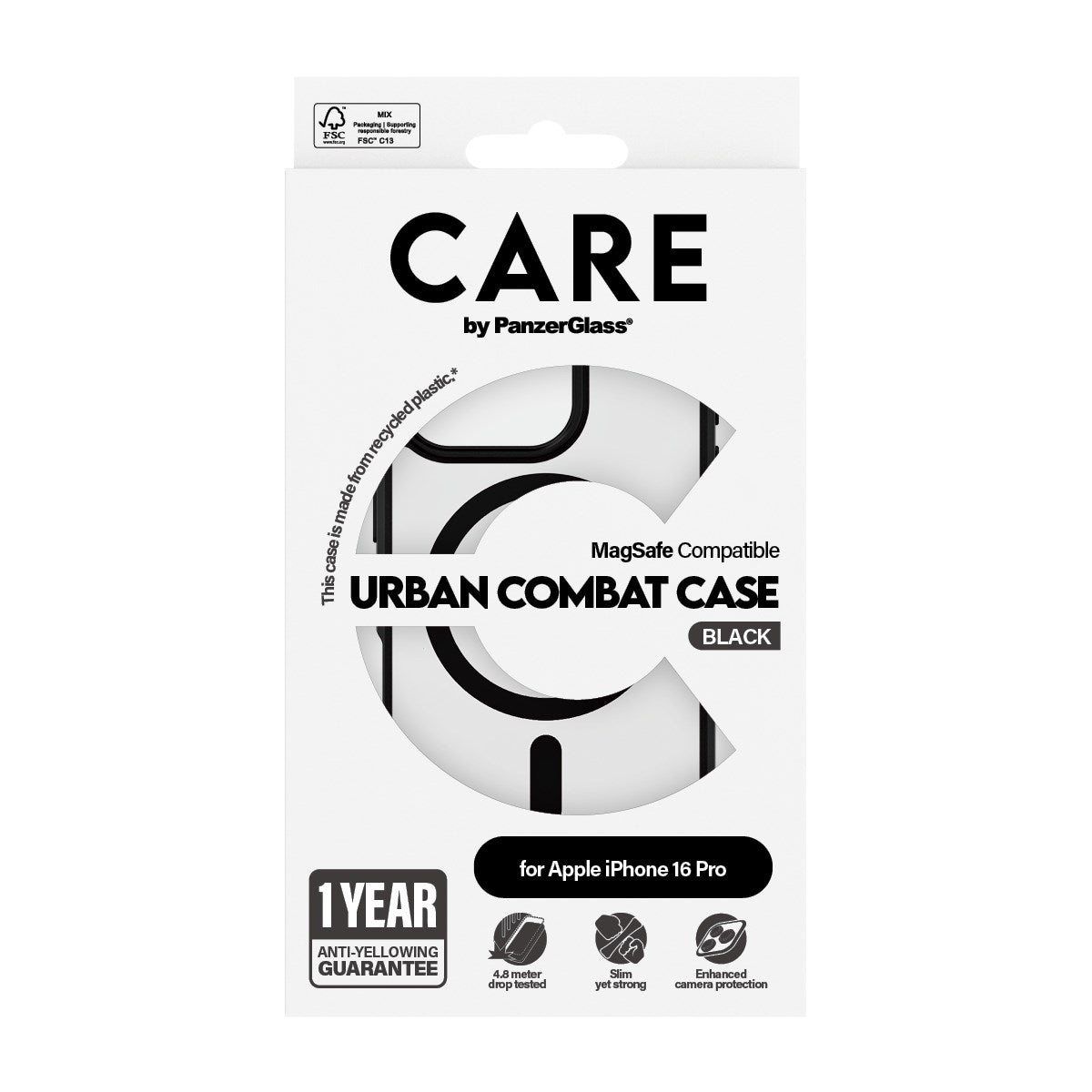 CARE by PanzerGlass® Urban Combat Case Transparent w. Black Frame & MagSafe iPhone 16 Pro